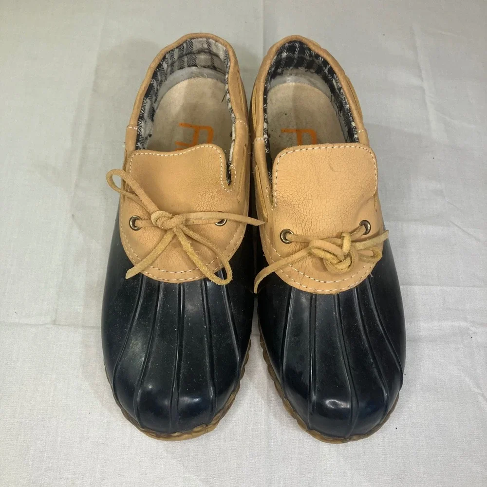 Aquastop Tara Black Tan Leather Duck Shoes Womens 9 Med Steel Shank Loafers